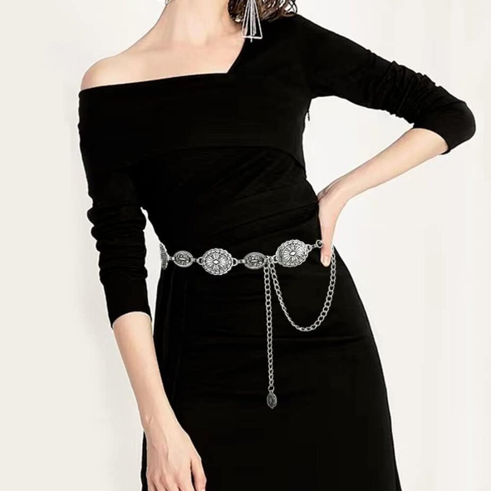 Western Metal Concho Belt for Women Cowgirl Chain Belts for Dresses Jeans Countr - Picture 5 of 9